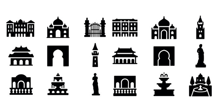 Collection of architectural landmarks silhouettes and sculptures