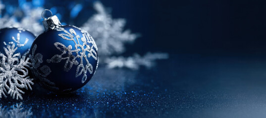 Close-up shot of two blue Christmas ornaments with snowflake patterns and white decorations on a dark blue background.
