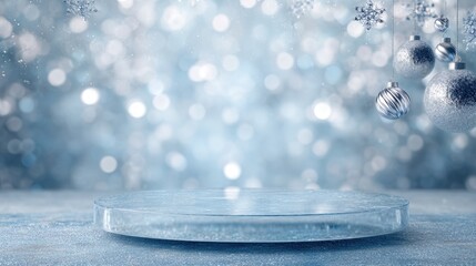 Product display podium on a snowy surface with festive silver christmas ornaments and falling snowflakes