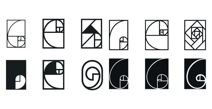 Geometric patterns featuring fibonacci and golden ratio in black and white designs