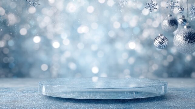 Product display podium on a snowy surface with festive silver christmas ornaments and falling snowflakes - Powered by Adobe