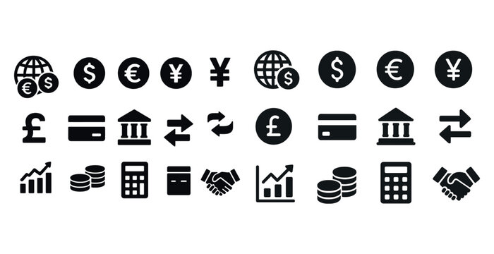 Currency and finance icons set with dollar, euro, pound, yen symbols and financial tools