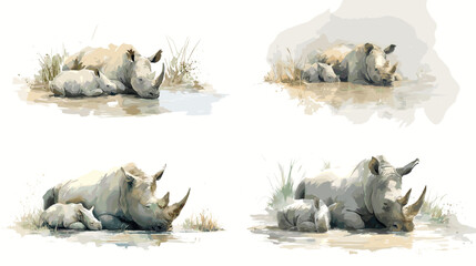 Fototapeta premium Watercolor illustration of a rhinoceros resting beside its baby in a calm natural setting. Gentle wildlife artwork with earthy tones perfect for nature themes and nursery decor.
