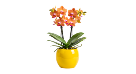 Orange phalaenopsis orchid plant in yellow pot isolated on transparent background