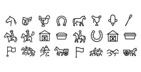 Fototapeta premium Horse riding icons: saddles, horseshoes, barns, riders, race tracks