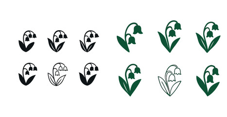 Lily of the valley icon set in black and green styles