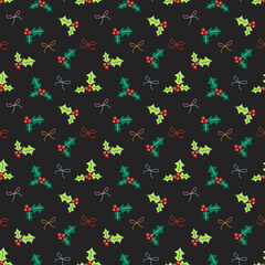 Seamless Christmas pattern with holly leaves, red berries, and colorful bows on black background. Festive, holiday, decorative design perfect for wrapping paper, textiles, and digital backgrounds.