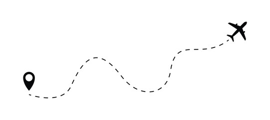 The plane icon follow from start pin point to finish by dashed line. Airplane dashed line path flat style design isolated on white background. Airplane route trace flight air map.