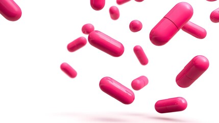 Pink medical capsules falling on a white background. pink pills falling on a white background with copy space. Pink pills flying in the air on white background. Pink pills falling on white background