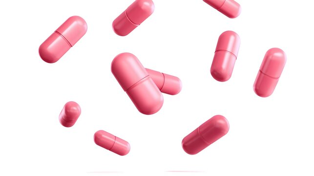 Pink medical capsules falling on a white background. pink pills falling on a white background with copy space. Pink pills flying in the air on white background. Pink pills falling on white background - Powered by Adobe