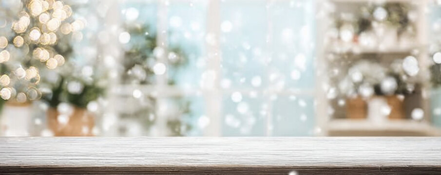Festive winter scene with blurred Christmas tree lights and falling snow effect against a window backdrop.