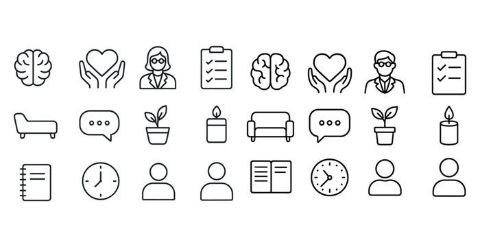Mental health and therapy icons featuring brain, heart, and people symbols