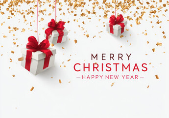 Festive Christmas gifts with red ribbons and gold confetti.