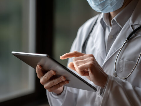 Medical professional wearing protective face mask using digital tablet technology inside modern clinic room with natural window light and stethoscope accessory hanging on neck - Powered by Adobe