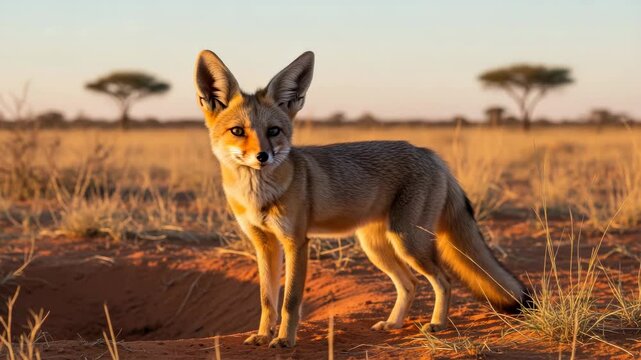 Wild cape fox observes its arid habitat during an african sunset.