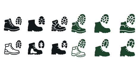 Obraz premium Various hiking boot icons with footprints in black and green