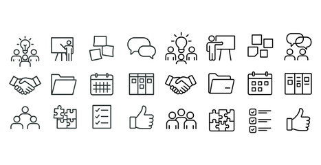 Collection of business and collaboration icon set representing communication and organization