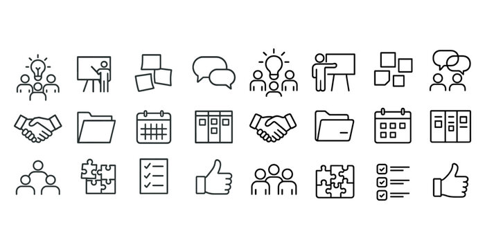 Collection of business and collaboration icon set representing communication and organization