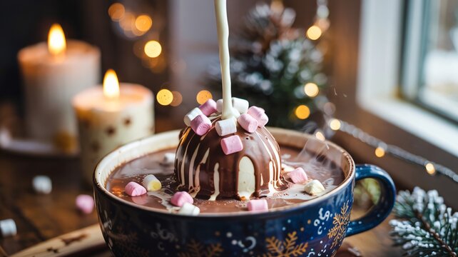 Enchanting hot chocolate bomb melting in a mug with marshmallows and lights