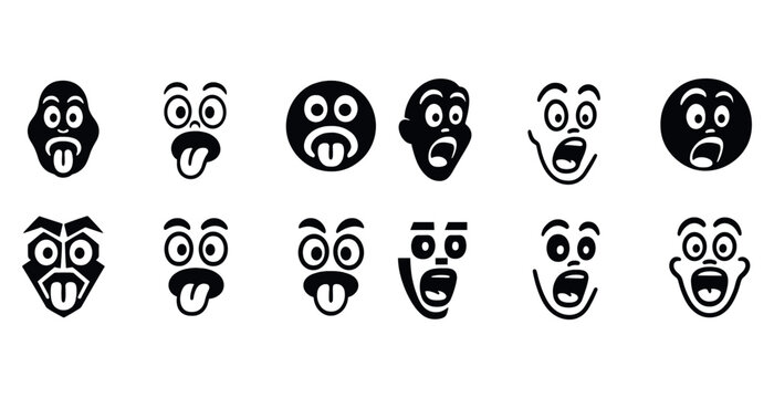 Collection of cartoon faces with expressive features and silly expressions