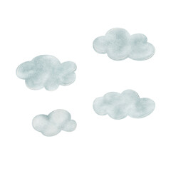 Blue watercolor clouds, hand-drawn sky fluffy, light in childish style. Illustration isolated from background for card designs posters, wallpaper, baby shower invitations party, decor nursery interior