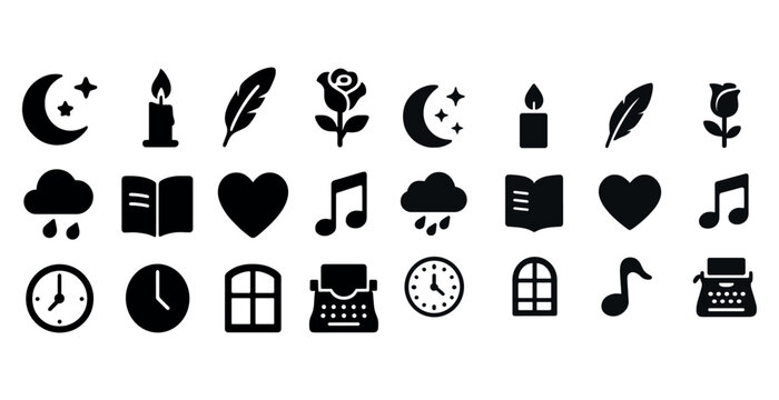 Set of black silhouette icons: candle, feather, rose, moon, rain, book, heart, music note, clock, window, typewriter