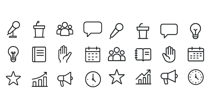 Set of communication, planning, and idea icons with microphone, calendar, and light bulb