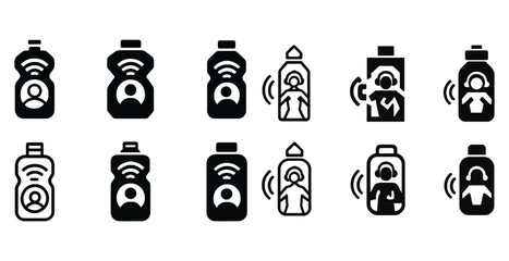 Icon set of wireless communication devices with user and signal symbols