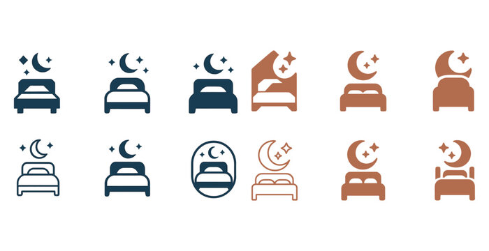 Set of night-themed bed icons with moon and stars