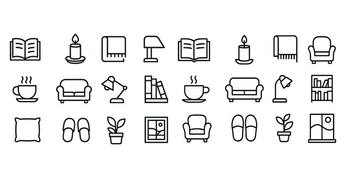 Cozy home essentials icons: armchair, lamp, candle, coffee, books, plants, slippers, cup, bookshelf