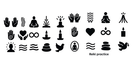 Naklejka premium Reiki practice icons: hands, meditation, energy, candle, balance symbols
