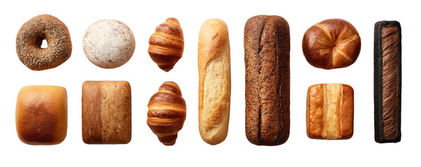 Variety of baked goods, including breads, rolls, and pastries, displayed in a horizontal row