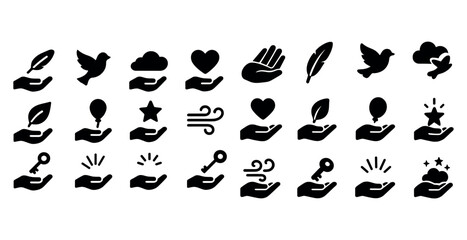 Collection of hand icons with nature, love, and symbolic elements