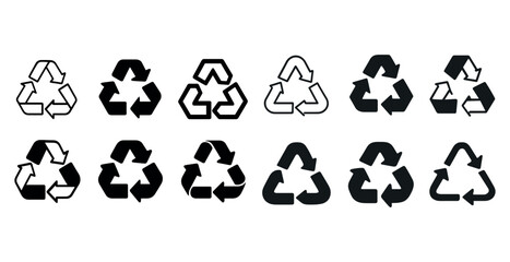 Collection of twelve black and white recycling symbols
