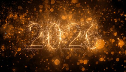 Sparkling year two thousand twenty six on a dark background with bokeh lights and golden sparkles