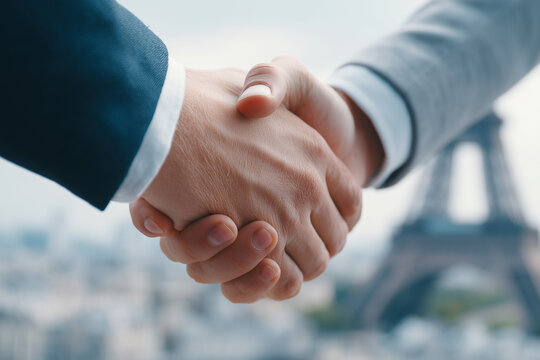 a handshake between two business people in an office, with a blurred background featuring the eiffel tower