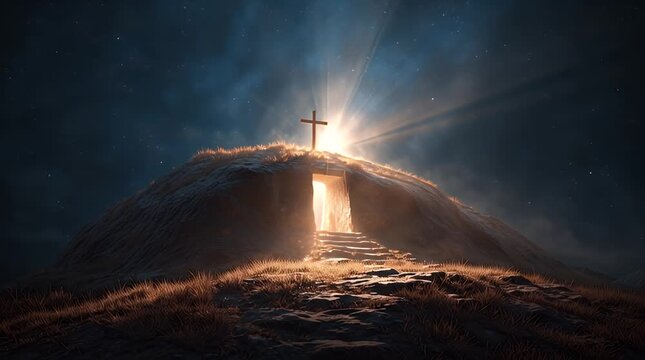 Spiritual Resurrection Scene with Empty Tomb Light, Cross, and Manger