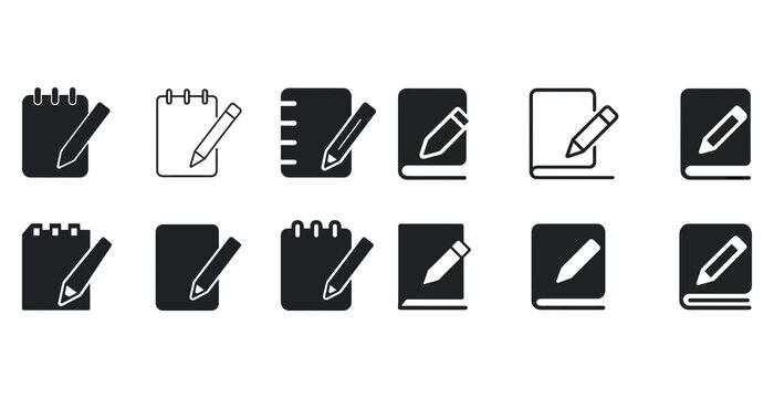 Set of black and white notebook and pencil icons for design and writing