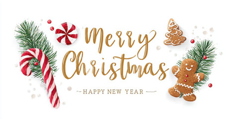 Merry Christmas and Happy New Year greeting with candy cane, gingerbread cookies, and pine branches.
