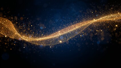 Golden glittering wave flowing across a dark blue background with bokeh effects and small particles