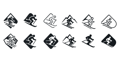 Stylized skiing icons set featuring dynamic skiers in various poses