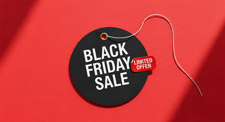 Black round sale price tag with black friday sale text and limited offer sticker isolated on bright red backdrop for commercial advertisement.