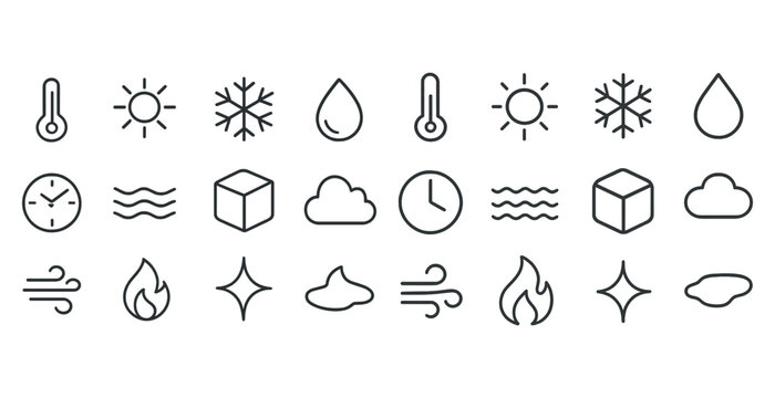 Weather icons set: temperature, sun, snow, water, wind, flame, cloud, clock symbols