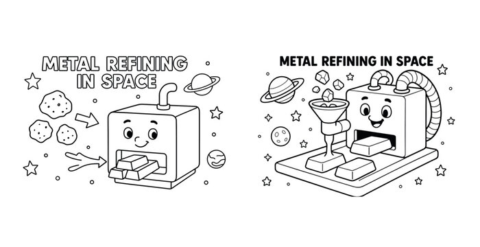 Illustration of space-themed metal refining machines