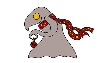 A grey smiling monster in a red scarf with yellow circle pattern carrying carefully one red Christmas ball. Vector drawing. 