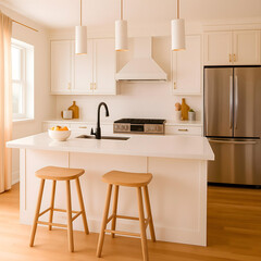 Modern minimalist kitchen interior design with warm lighting and clean Scandinavian style