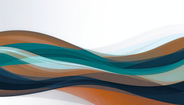 Layered organic waves in teal, copper, and deep blue tones. Calm abstract background with copy space ideal for web design, packaging, wellness visuals, and modern digital layouts