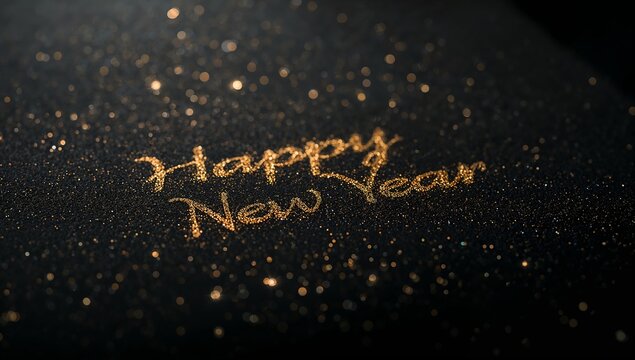 Happy new year text written in gold glitter on a dark background with bokeh lights around it - Powered by Adobe