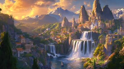 Fototapeta premium A majestic waterfall cascading through an ancient city set in a lush green valley during the golden hour at sunset
