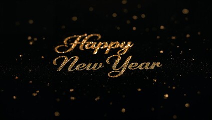 Golden happy new year text on a black background with bokeh lights creating a festive atmosphere